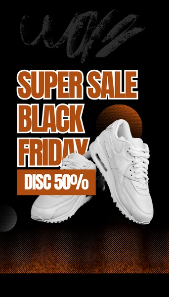 sneakers, athletic shoes, running shoes, sports shoes, trainers, sale promotion, modern typography, bold, energetic, orange, black, black friday